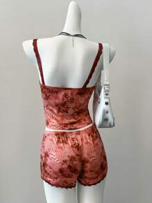 Muchica 夏季音乐会服装女式西部音乐节图案两件套扎染针织吊带背心和短裤紧身套装 - 酒紅色 - 查看 2