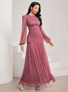 Veilorie Đầm bodycon nhún bèo tay đèn lồng màu hồng sen, vải chiffon - Bụi hồng - Xem 5