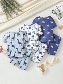 6pcs Tight Fit Pajama Set For Toddler Boys, Cute Cartoon Giraffe, Elephant & Animal World Print Long Sleeve T-Shirt And Shorts - Multicolor - View 2