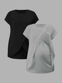 SHEIN Maternity Casual Solid Color Wrap Short Sleeve Nursing T-Shirt, Summer - Grey - View 12