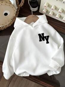 SHEIN 青少年男孩休闲简约纽约卡通图案宽松厚连帽运动衫秋冬季 - 白色 - 查看 2