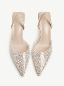CUCCOO CHICEST Women's Pearly Rhinestone Transparent Jelly Pointed Toe Backless High Heel Pumps, Sexy & Elegant For Christmas - Beige - View 5
