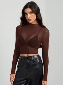 SHEIN Tall Áo cánh lưới xuyên thấu gợi cảm tay dài màu trơn cho nữ - màu nâu - Xem 6