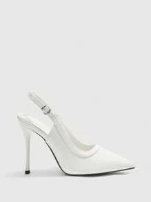 CUCCOO BIZCHIC 女式尖头细高跟鞋白色镜面 PU 皮革浅口鞋，简约时尚通勤百搭派对正装鞋，带踝带 - 白色 - 查看 6