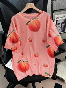 Chiquease Casual Peach Print Loose T-Shirt For Women - Pink - View 1