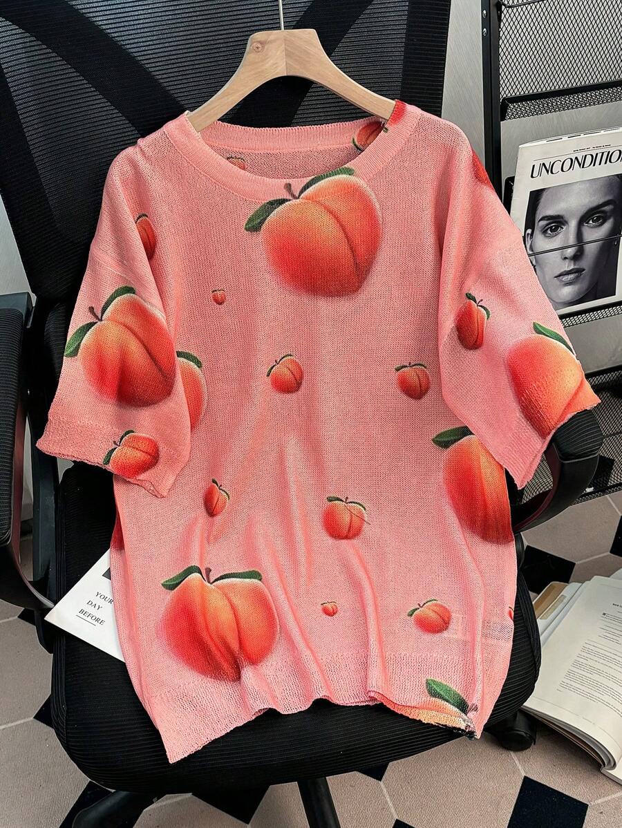 Chiquease Casual Peach Print Loose T-Shirt For Women - Pink - View 1