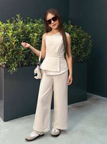 SHEIN Nova Glow Tween Girl Apricot Commuting Daily Asymmetric Ruffle Waist Long Pants 2 Pieces Set - Beige - View 1