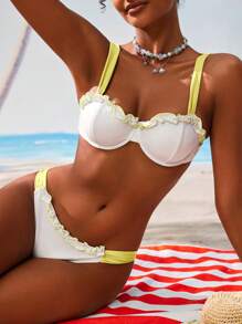 SHEIN Swim Women's Refreshing Sweet Ruffled Trim Bikini Set - Yellow - View 1