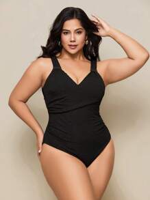 Swim Basics Plus Size One Piece Swimwear, Minimalist Beach Holiday Style For Summer Beach Vacation - Black - View 3