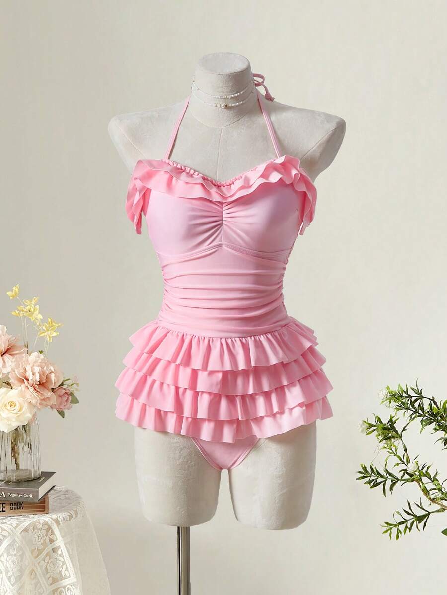 SHEIN MOD 1 件女士多色荷叶边连体泳衣，浪漫风格