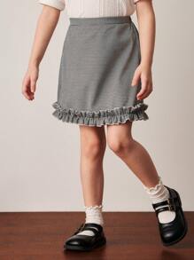 PrepCrw Young Girls' Academy Style Black & White Houndstooth Print Ruffle Hem Mini Skirt, Spring/Summer - Black and White - View 6