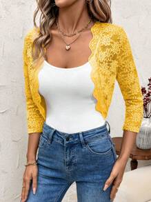 SHEIN Clasi Áo khoác ren đen thường, tối giản và thời trang, phù hợp cho mùa hè thu/đông - Màu vàng - Xem 4