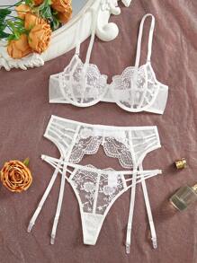 3 件套女士浪漫性感婚礼内衣套装，白色情人节贴身内衣
