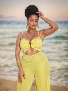 Maweii Plus Size Casual Solid Color Hollow Lace-Up Backless Jumpsuit - Yellow - View 3