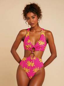 Travachic Women's Tropical Palm Tree Print Hollow-Out Sexy Monokini Swimsuit - Multicolor - View 3