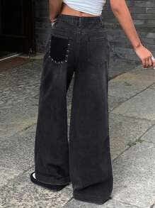 Distressed Wash West Cowboy Fade Wide Leg Loose Jeans, Casual Women Summer Denim Pants - Grey - View 6