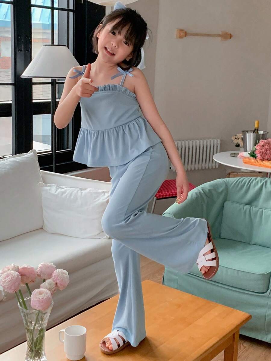 DAZY 2pcs/Set Tween Girls Knit Vest + Pants Two Pieces Outfit, Fall,Back To School Clothes - Blue - View 1