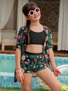 SHEIN Tween Girls Swimsuit Set: Short Sleeve Mesh Top, Solid Color Cami Top And Swim Bottoms - Multicolor - View 7