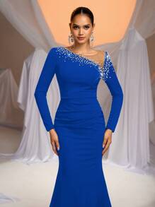 Aureia Elegant Luxurious Rhinestone & Bubble Bead Design Long Sleeve Ruched Mermaid Maxi Dress, Suitable For Wedding, Party, Dating, Ball Gown, Evening Dress (High-End), Formal, For Wedding Guest - Royal Blue - View 6