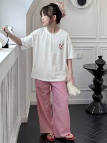 Dazy Kids 青少年女孩休闲圆领字母印花短袖 T 恤 + 格子梭织裤家居服套装，春夏季，返校服装 - 白色 - 查看 2