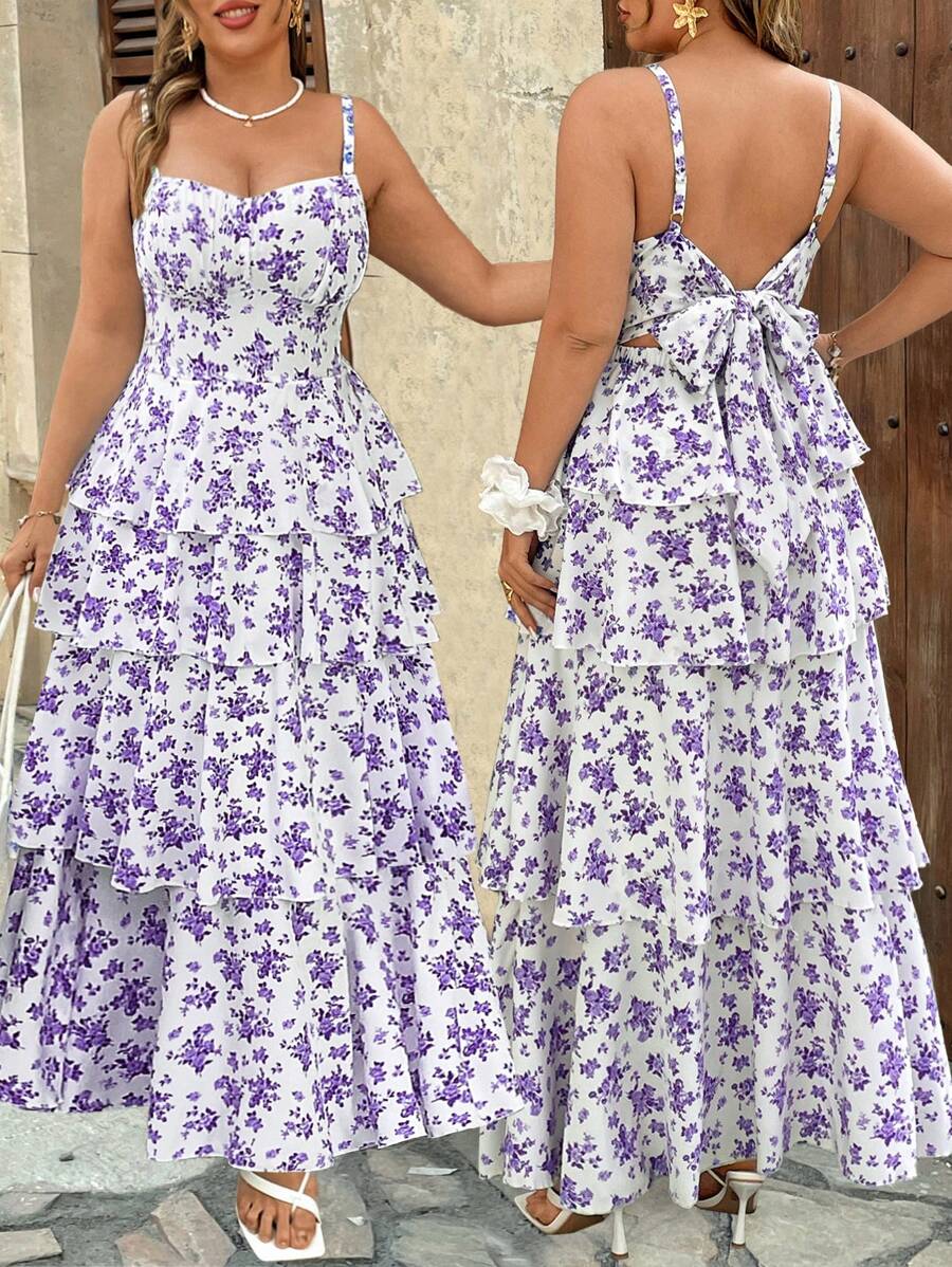 Breezaya 加大码夏季假日迷你碎花荷叶边下摆细肩带连衣裙