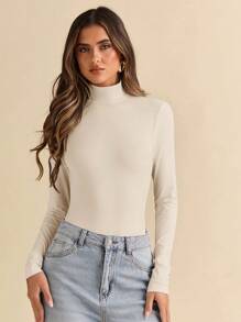 SHEIN BAE Bộ đồ liền thân dài tay khoét sâu gợi cảm cho nữ - Màu be - Xem 4