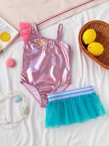 SHEIN 年轻女孩可爱海星刺绣珍珠装饰荷叶边连体泳衣，带网眼沙滩裙，不对称领口装饰 - 彩色 - 查看 6