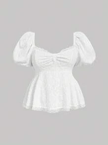 SHEIN MOD Plus Size Lace Flared Puff Sleeve Blouse, Babydoll Top, Stylish & Minimalist For Summer