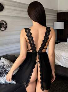 DAZY 2pcs/Set Lace Contrast Mesh Backless Halter Nightgown & G-String Lingerie Set, Sexy - Black - View 2