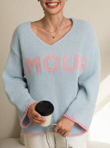 INAWLY Damen Loose Buchstaben Muster Dropped Shoulder Langarm Lässig Pullover, Herbst & Winter, Strick Pullover - Verschiedenfarbig - Übersicht 1