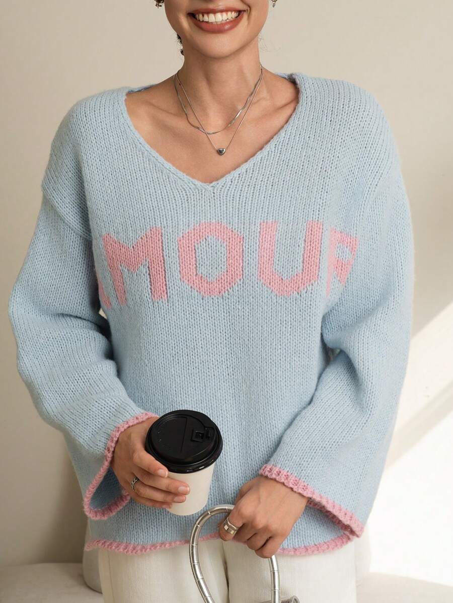 INAWLY Damen Loose Buchstaben Muster Dropped Shoulder Langarm Lässig Pullover, Herbst & Winter, Strick Pullover - Verschiedenfarbig - Übersicht 1