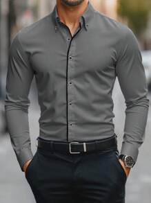Manfinity Mode Men's Business Formal Collar Shirts Are Breathable, Comfortable And Soft. They Are Suitable For Daily Business, Office, Party And Banquet. They Will Be Suitable All Year Round. - Dark Grey - View 1