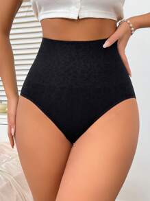Style With Fashion Leopard Jacquard Seamless High-Waisted Thong, Shapewear Body Shaper Butt Lifter-Tummy Waist Control Panty - Black - View 6