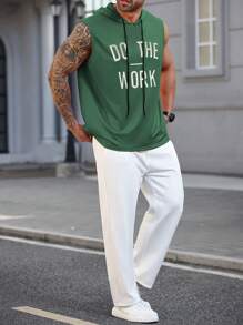 Manfinity Homme Plus Size Men's Slogan Printed Drawstring Casual Hooded Tank Top - Green - View 4