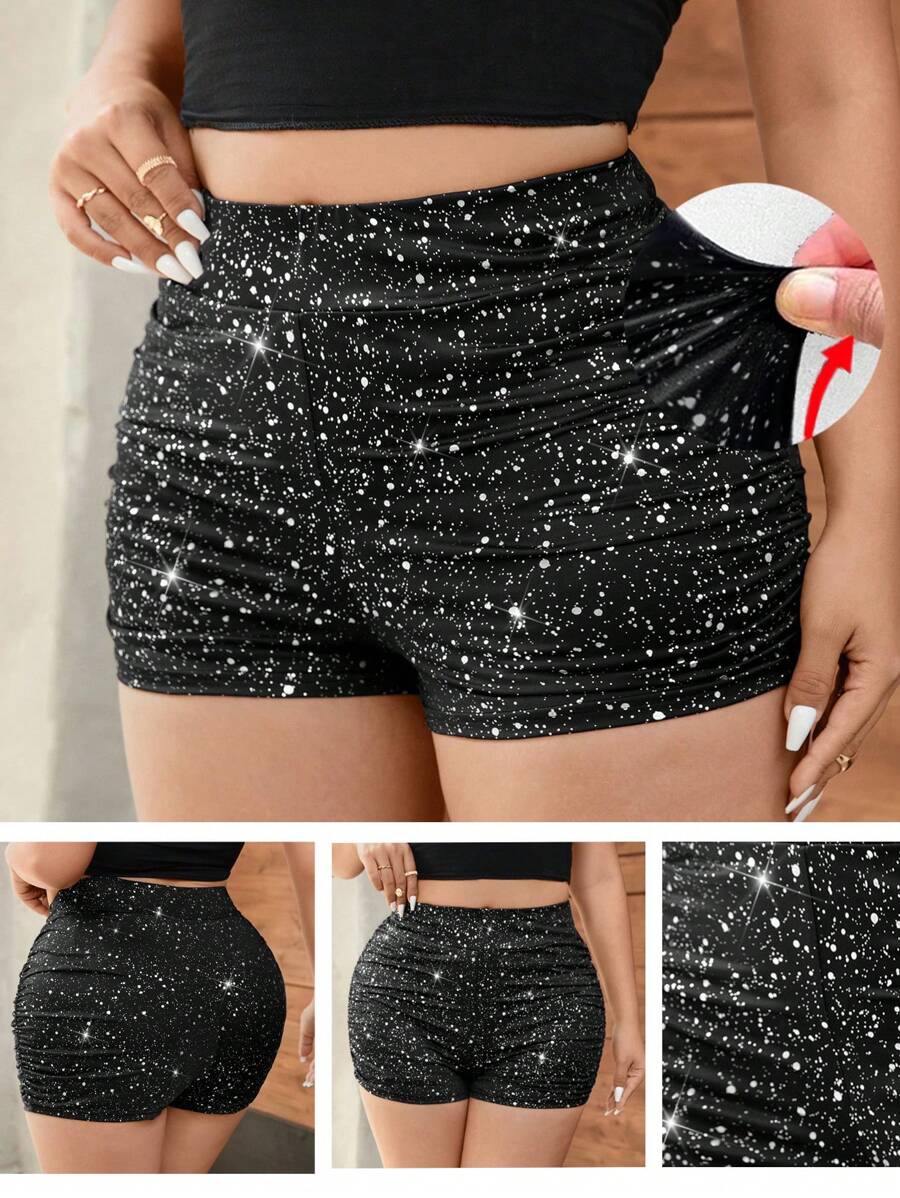Allurite Plus Size Sexy Rhinestone Sparkle Knitted Party Shorts With Ruched Details, Sequin, Glam, Mini Bottom For Daring Dates