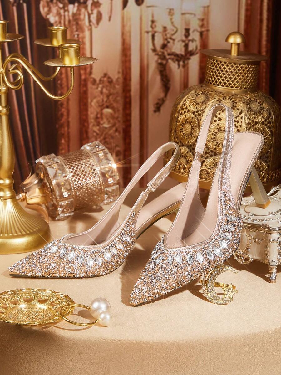 CUCCOO TILAWA Pointed Toe High Heel Rhinestone Wedding Shoes, Closed Toe Champagne Formal Party Pumps For Christmas - Champagne - View 1