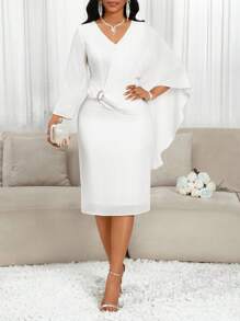 SHEIN Lady Women's Chiffon Brooch Detail Pencil Dress Wedding - White - View 1