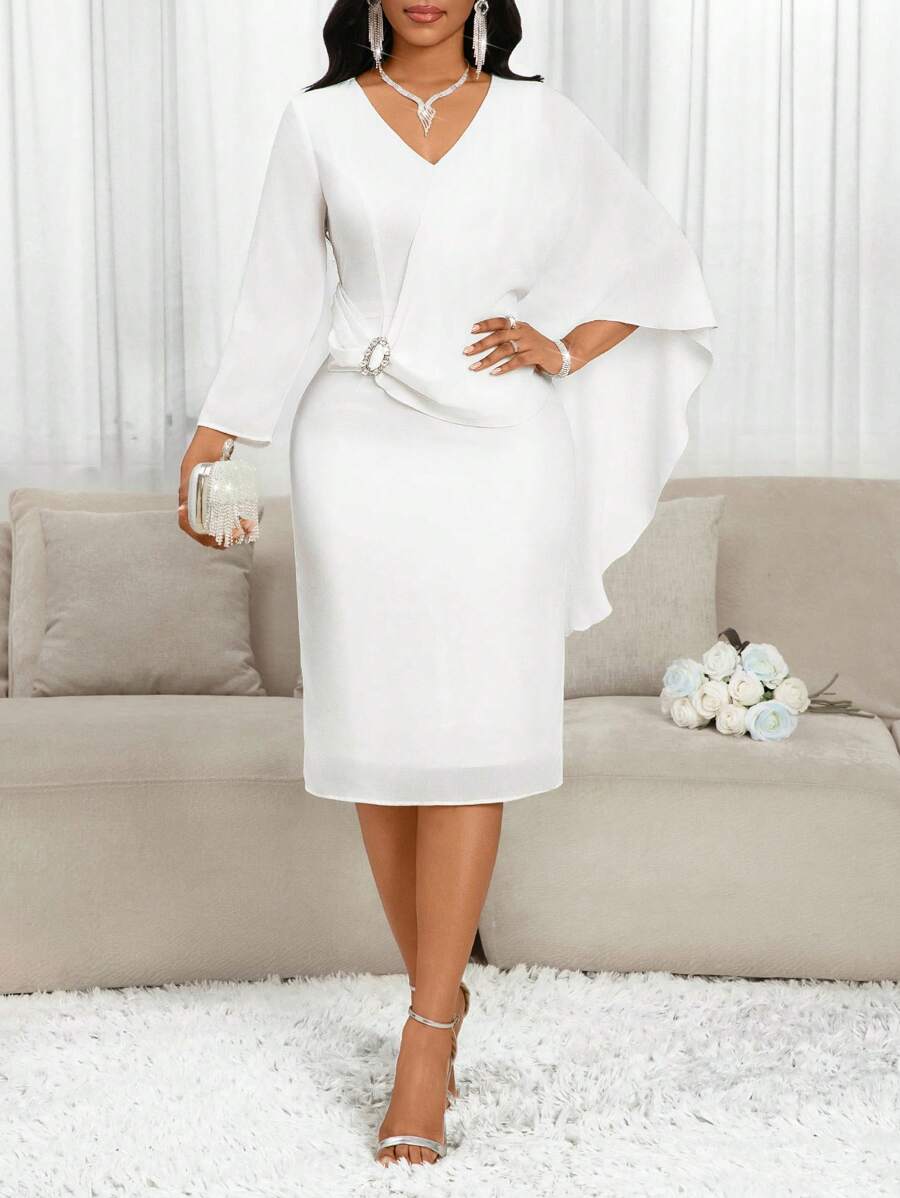 SHEIN Lady Women's Chiffon Brooch Detail Pencil Dress Wedding - White - View 1