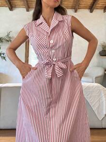 Cloudara Vestito lungo da donna a righe con bottoni davanti, vita in vita, abbigliamento da spiaggia per vacanze