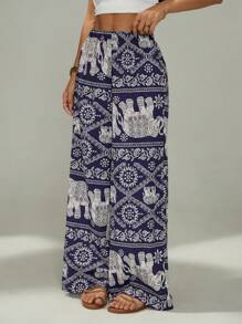 SHEIN PETITE Elephant Print Wide-Leg Pants Are Suitable For Vacation And Beach Dates,Bohemia - Navy Blue - View 3