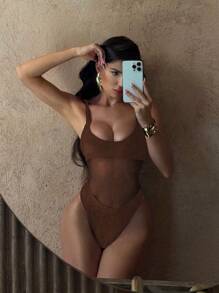 Swim SXY 女士纯色肩带网眼拼接性感镂空连体泳衣，春假和节日波西米亚风