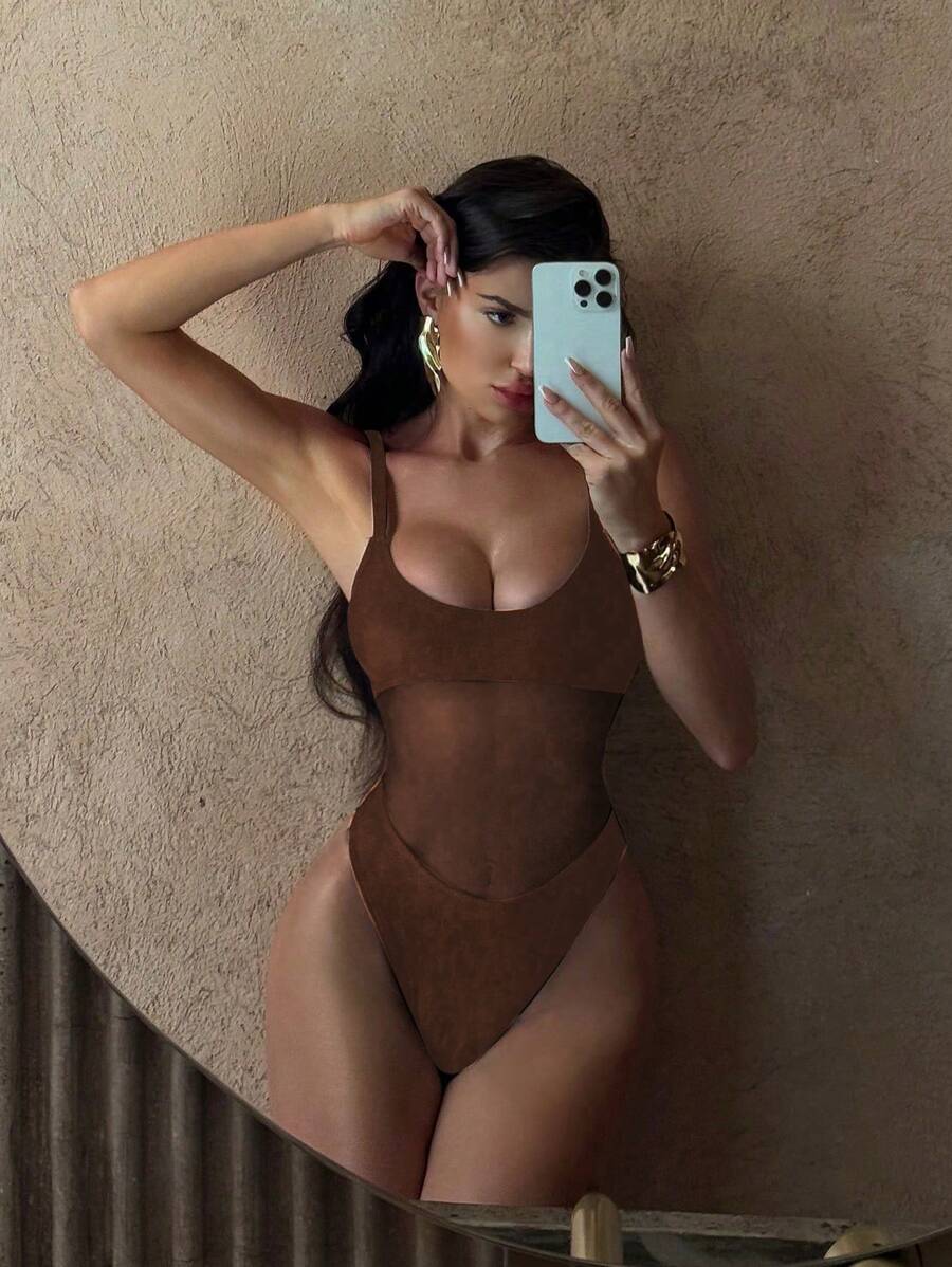 Swim SXY 女士纯色肩带网眼拼接性感镂空连体泳衣，春假和节日波西米亚风