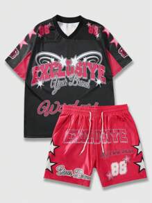 ROMWE MEN Prep 2pcs Men's Jersey V-Neck Letter Print Short Sleeve T-Shirt And Draw String Five-Pointed Star Print Shorts Set