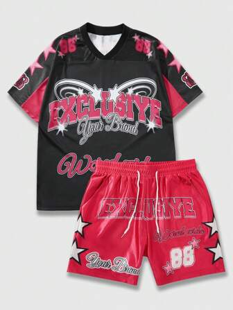 Prep Set de 2 piezas de camiseta de manga corta con cuello en V y estampado de letras y pantalones cortos con cordón y estampado de estrella de cinco puntas para hombres