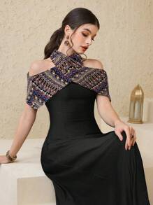Al Najma Women's Elegant Contrast Color Off Shoulder A-Line Dress, Summer - Black - View 4