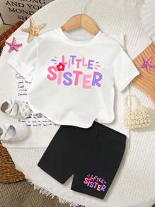 SHEIN 姐妹套装，女婴休闲简约短袖两件套服装适合春夏季，单独出售，95% 纯棉 - 彩色 - 查看 2