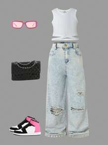 2pcs Girls Fashionable White Ribbed Cropped Tank Top & Ripped Denim Long Pants Set - Multicolor - View 1