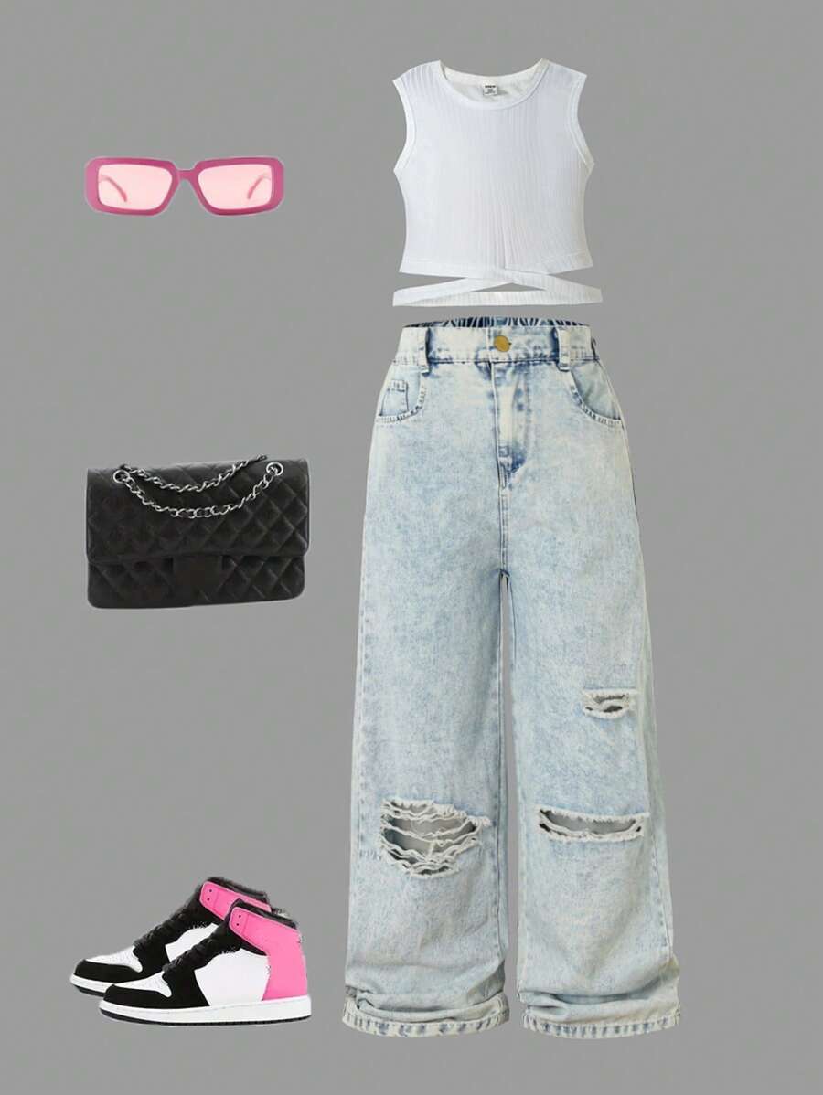 2pcs Girls Fashionable White Ribbed Cropped Tank Top & Ripped Denim Long Pants Set - Multicolor - View 1