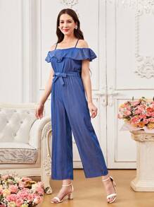 Casual Ruffled Strap Wide Leg Jumpsuit With Cropped Pants, For Teenage Girls Office Commute - Blue - View 5