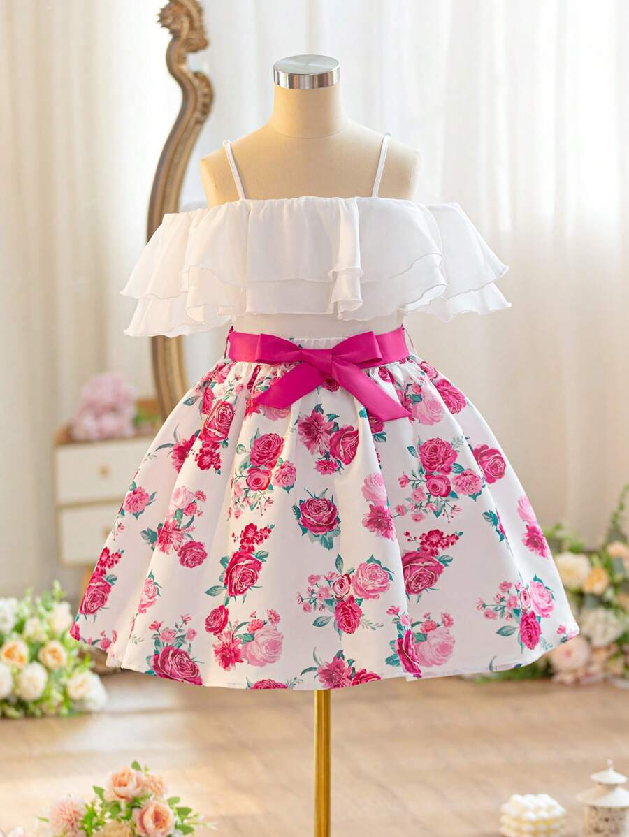 SHEIN 女童露肩吊带上衣和碎花裙两件套,波西米亚风格,适合春季/度假 - 紅白色 - 查看 1